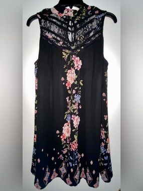Three Hearts Black Floral Midi Dress with Lace Yoke Detail